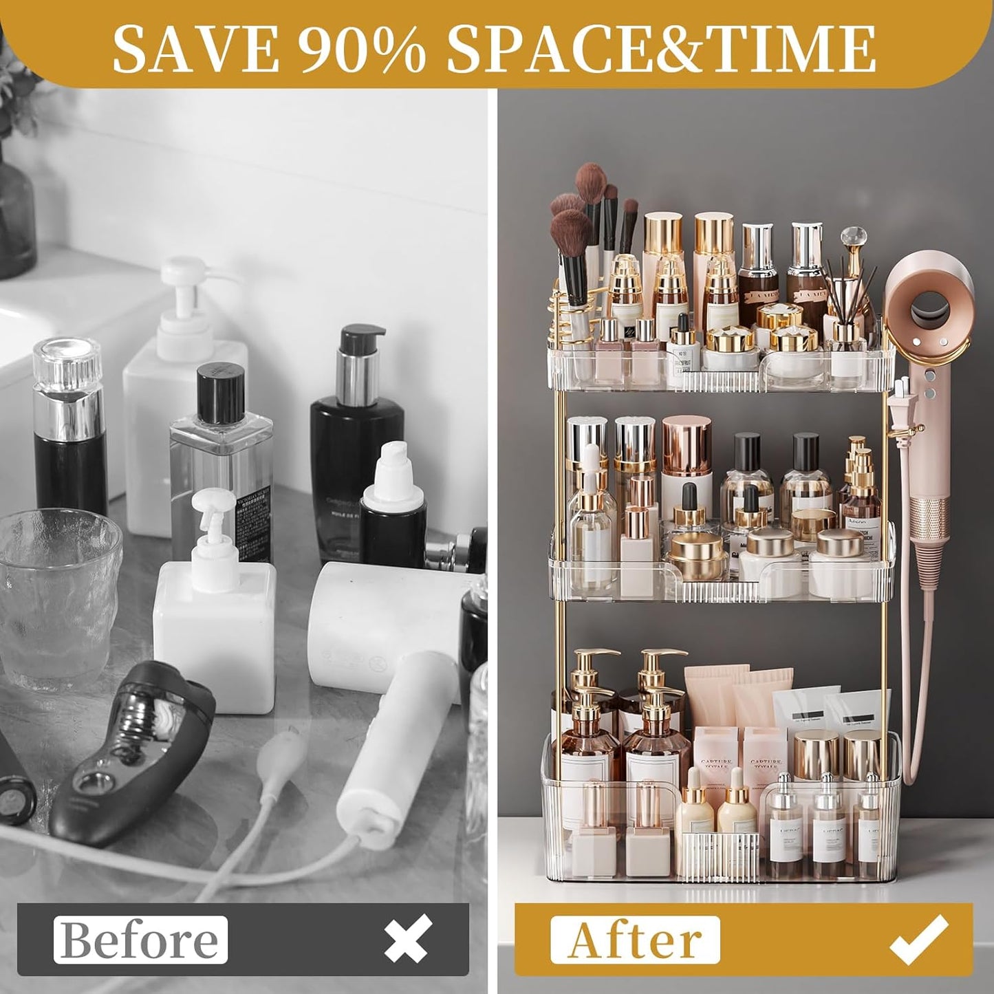 Bathroom Counter Organizer - Large Capacity Makeup & Skincare Storage Rack | 3-Tier Clear Vanity Holder