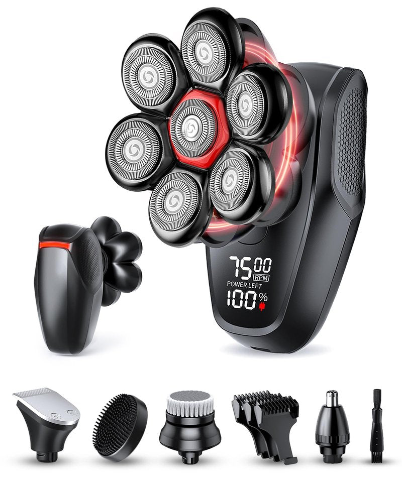 MALEGEBAZ Head shavers for Bald Men 5-in-1 Men's Grooming Kit, 7D Rotary Electric Head Shaver, IPX8 Waterproof Wet/Dry High-Gloss Black