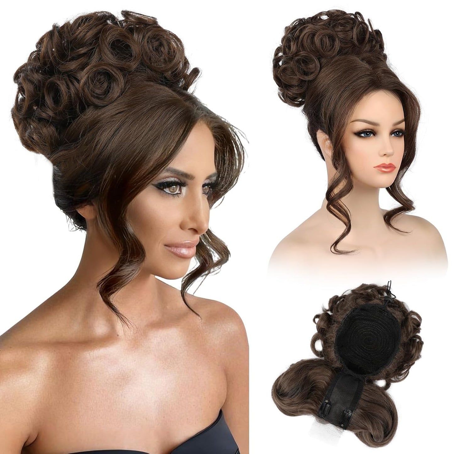 Messy Bun Hair Piece with Bangs - 2-in-1 Curly Updo Wig & Hair Topper | Natural-Looking Drawstring Ponytail Extension in Chocolate Brown