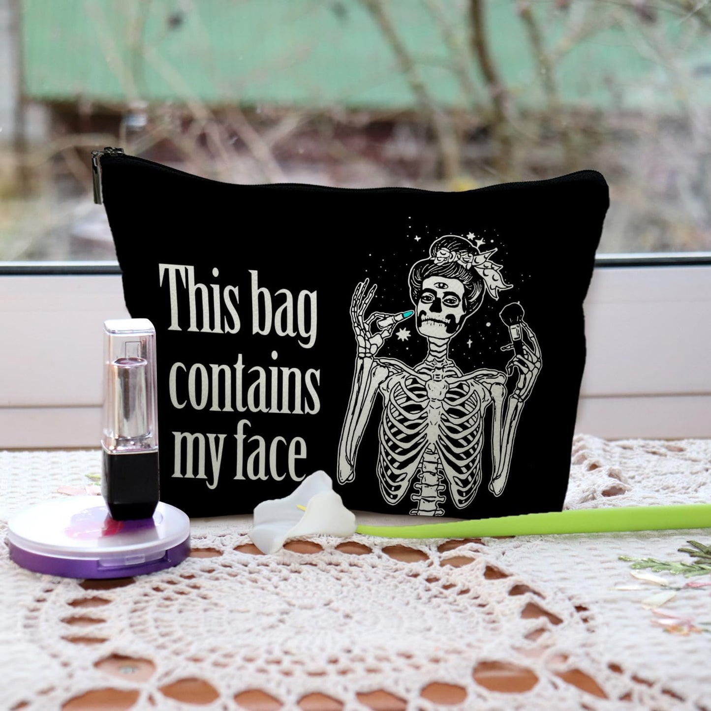 Likjad Goth Leather Makeup Bag - Gothic, Spooky Gifts for Women - Contains My Face, Witchy Bag (PU-Black)
