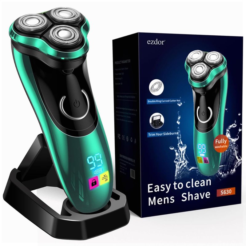 Electric Razor for Men, Cordless Rechargeable Rotary Shaver with Charging Stand, Wet & Dry IPX6 Waterproof Electric Shaver with Pop-Up Trimmer for Face & Travel
