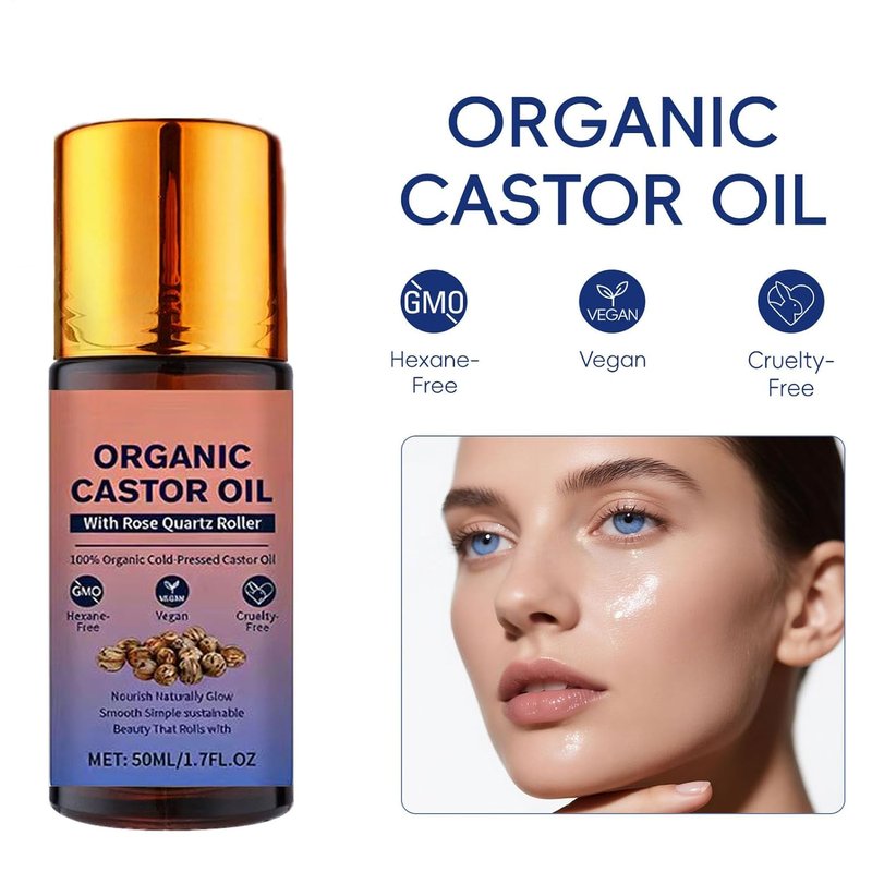Organic Castor Oil Roll-On with Rose Quartz Roller | 100% Cold Pressed, Hexane-Free | Moisturizes Skin & Hair - 1 Piece
