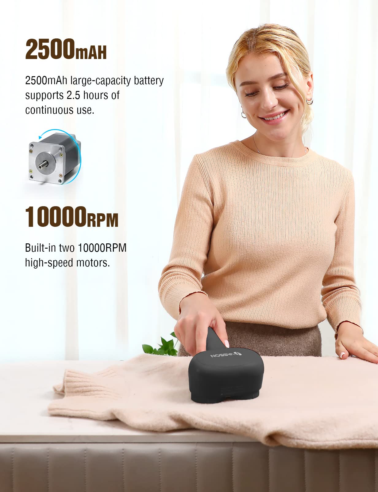 VASSON Fabric Shaver, Electric Lint Remover, Sweater Defuzzer with Electrostatic Brush, Effectively and Quickly Remove Fuzz for Sweaters, Cloth Couchs, Blankets, Bedding Sheets