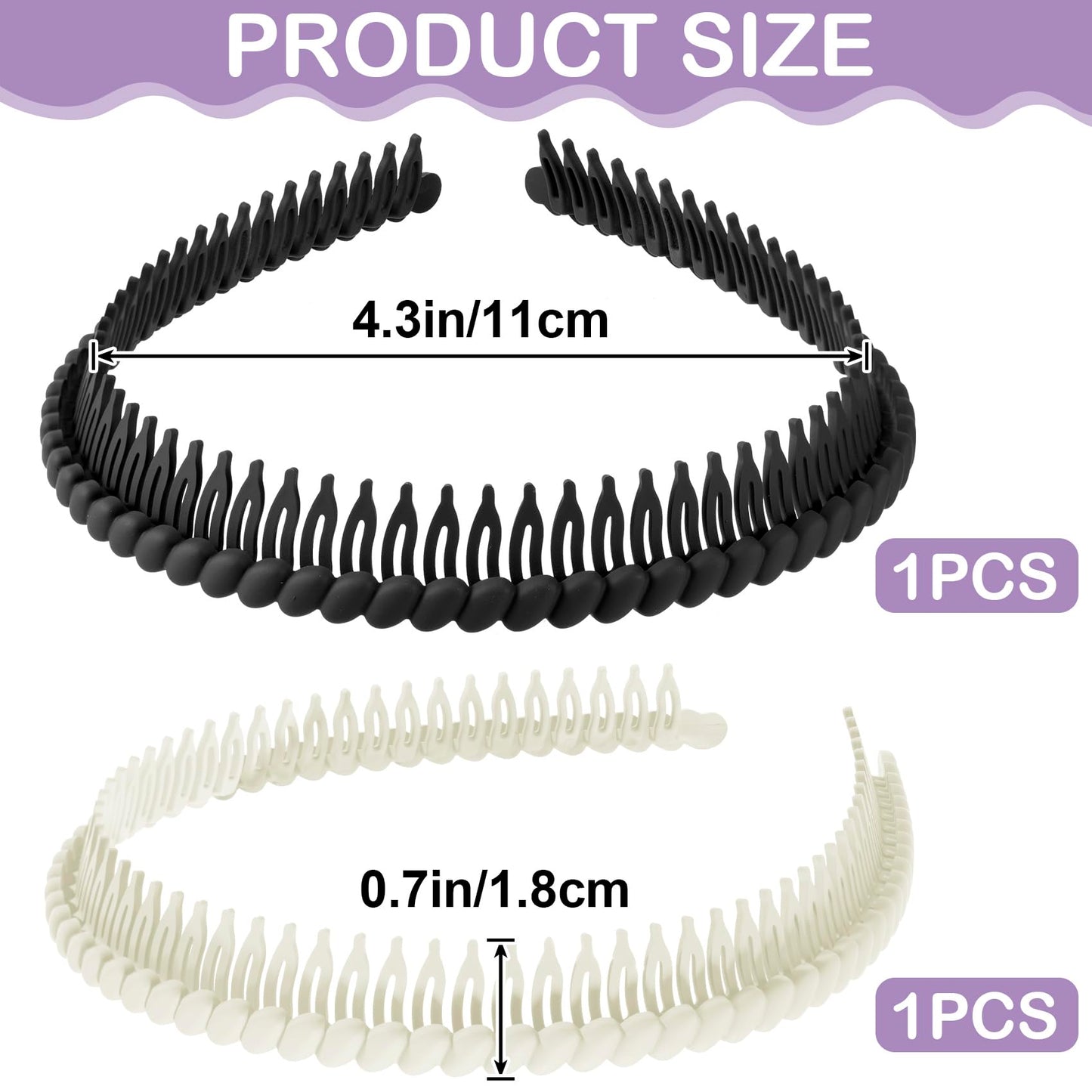 Incinkod 2 Pcs Headbands With Teeth, Comb Headbands for Women, Headband for Women with Teeth, Plastic Headband With Teeth (4.3''×0.7'', Black+White)