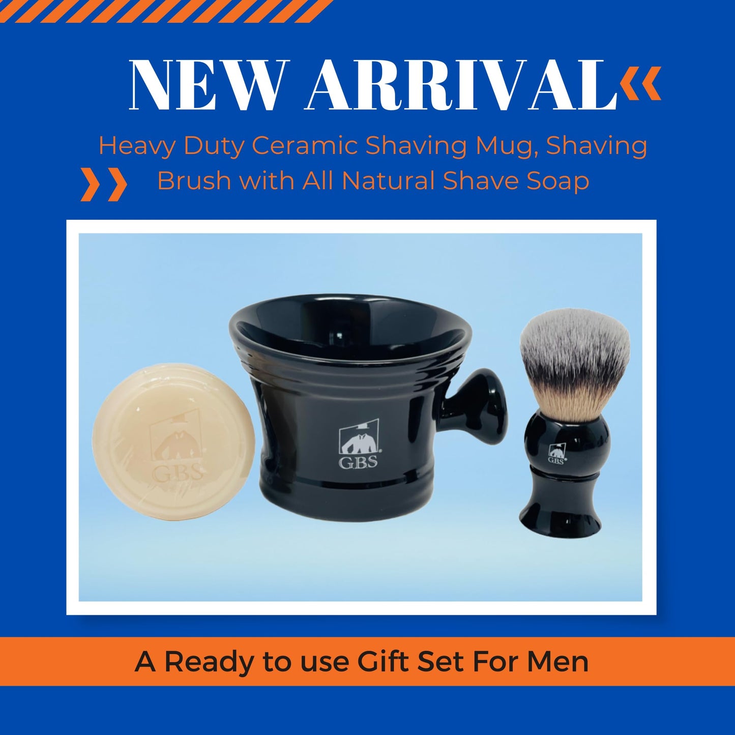 G.B.S GENTS Men’s Wet Shaving Kit - Complete 4-Piece Set with Heavy Duty Ceramic Bowl, Synthetic Shave Brush, Stand & Natural Shea Butter Lather Soap (Black)