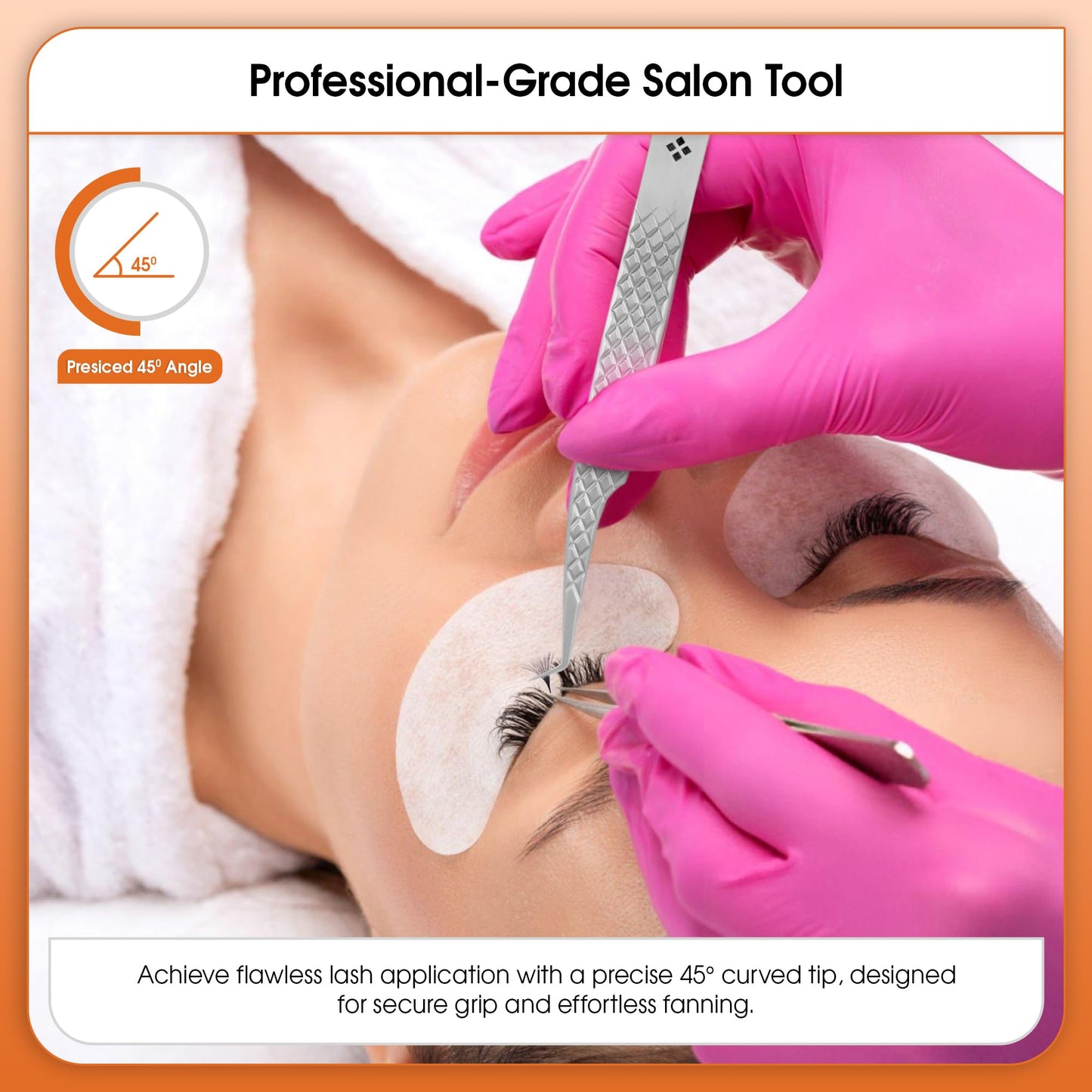 Glory Professional 45 Degree Angle Lash Tweezers for Eyelash Extensions, Precision Fiber Tip Diamond Grip Stainless Steel Lash Tool for Classic, Volume & Mega Volume Professional Lash Tech Supplies