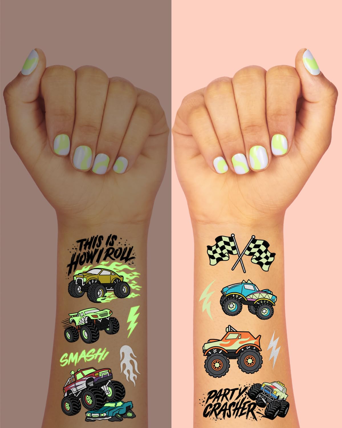 Glow In The Dark Monster Truck Temporary Tattoos - 50 Unique Foil Designs | Perfect for Boys' Birthday Parties, Race Car Favors, Kids Crafts