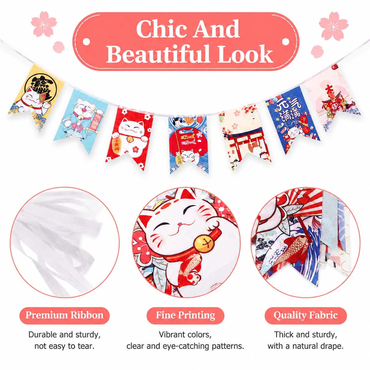 NOLITOY Japanese Lucky Cat Bunting Banner, 26 Feet 20 Flags Maneki Neko Decoration for Japanese Restaurant Decor & Sushi Bar Bunting Flags - Lucky Cat Party Decorations/Izakaya Hanging Ornament