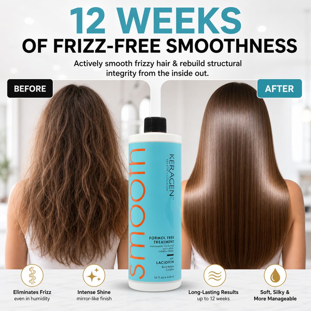Keragen Brazilian Keratin Smoothing Treatment - Formaldehyde-Free Blowout for Frizzy Hair | 16 Oz