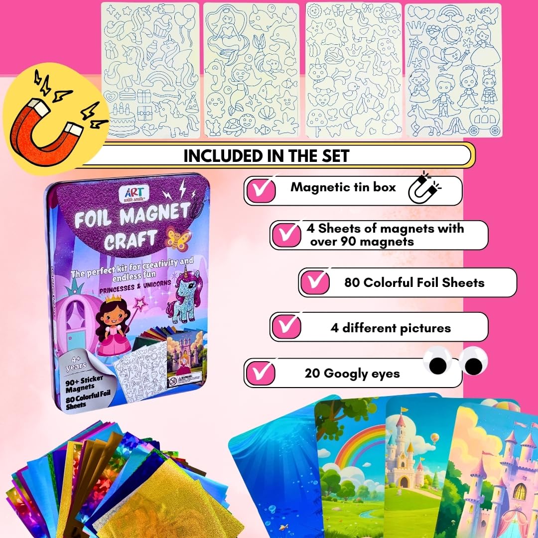 Magnetic Tin Box Foil Art Kit for Kids - Princess & Unicorn Foil Magnet Craft, Reusable Mess-Free Travel Toy, DIY Arts and Crafts for Girls & Boys Ages 4-8, 9-12