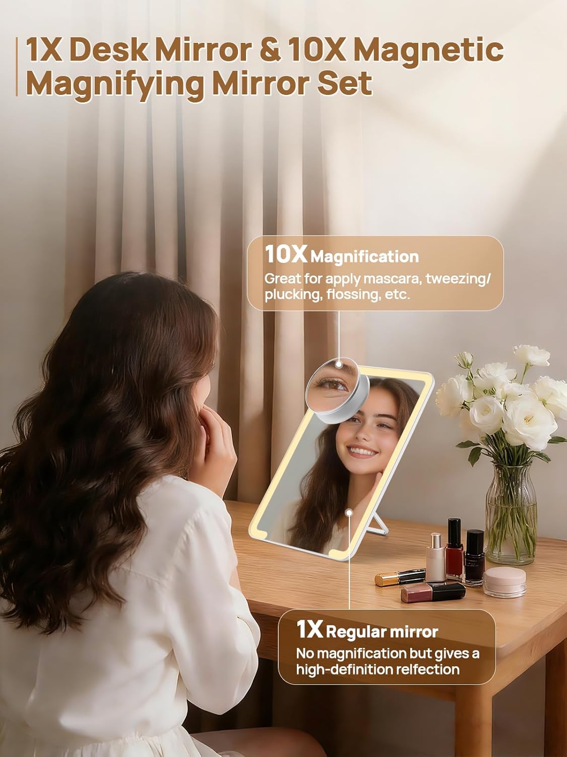 Lighted Makeup Mirror - 10X Magnifying Desk Mirror with Adjustable Stand & 3 Lighting Modes | 8 x 5 Inches, White
