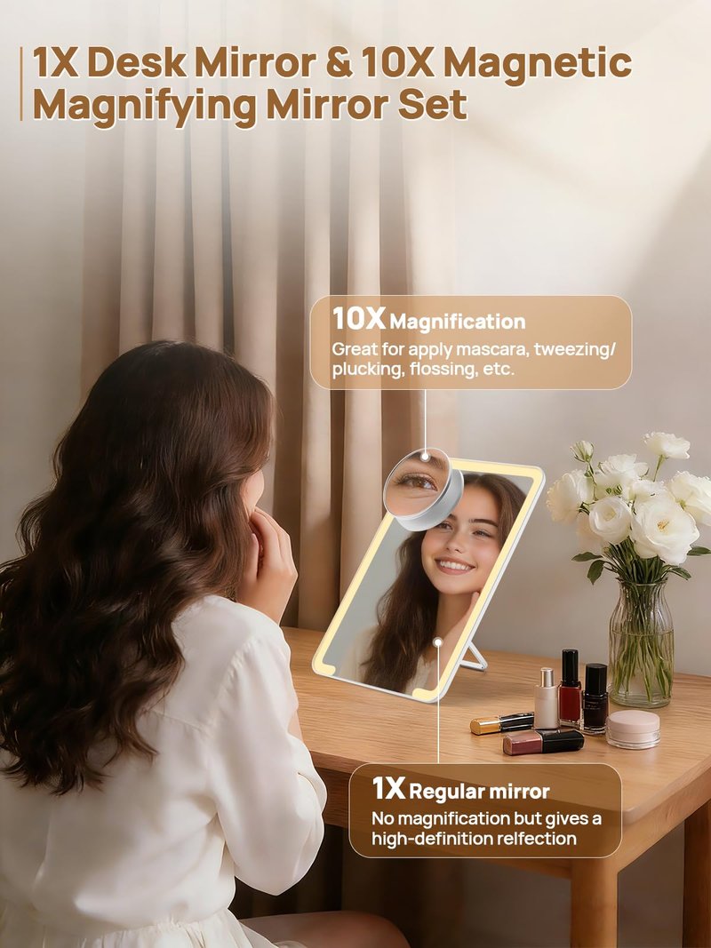 OMIRO Lighted Makeup Mirror with 10X Magnifying Mirror, 8 x 5 inches Desk Mirror with Adjustable Stand and 3 Lighting Modes for Shaving and Travelling, White