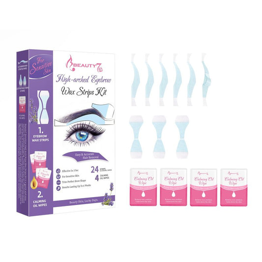 Beauty7 Sensitive High Arched Eyebrow Wax Strips, Facial Hair Removal, 24 Eyebrow Waxing Strips, 4 Calming Oil Wipes, for Sensitive Skin Types for Women (24 Strips)