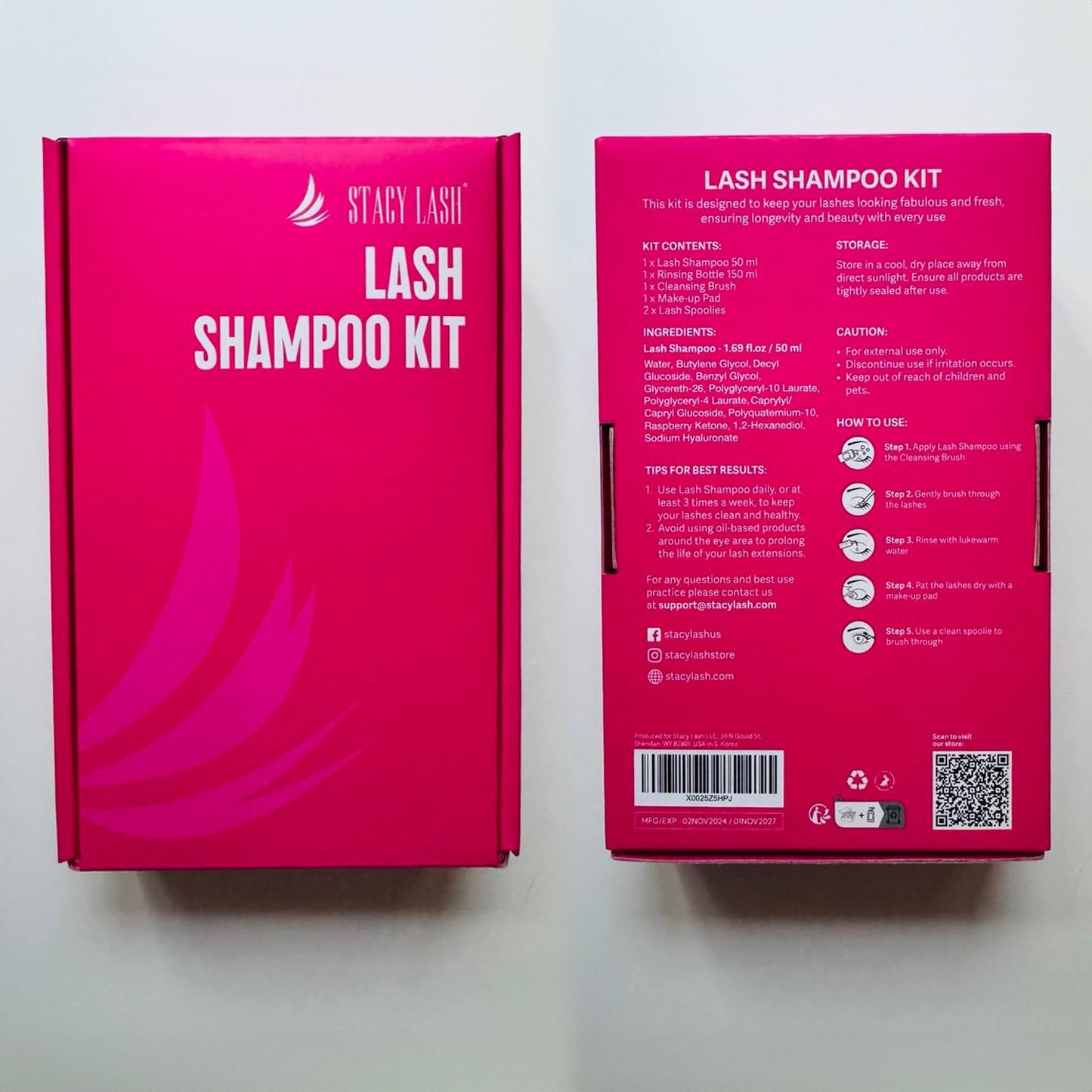 STACY LASH Lash Shampoo 50ml Kit Korean Makeup Remover with Eye Lash Spoolies & Rinse Bottle & Cleansing Pad & Brush for Eyelash Extensions & Clusters & Natural Eyelashes