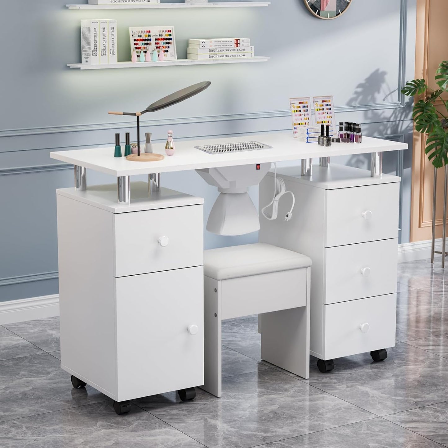 Nail Desk and Chair Set - Acetone Resistant Manicure Table with Dust Collector & Storage Drawers | White