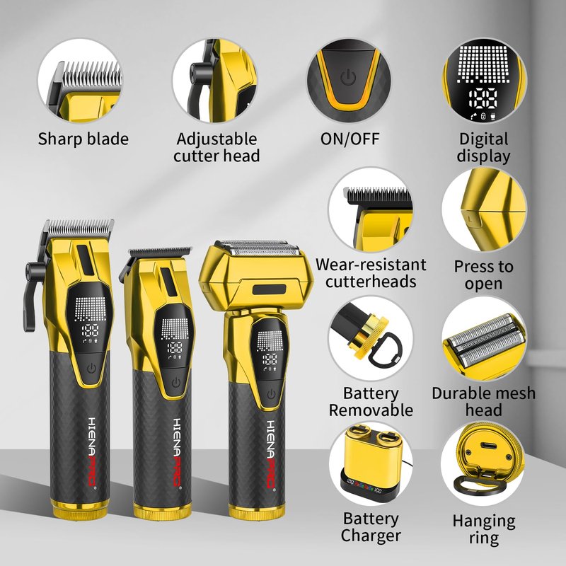 HIENA PRO Professional Cordless Hair Clippers for Men, Zero Gap Beard Trimmer & Foil Shaver Set, Rechargeable Barber Clipper Kit and Hair Cutting Set