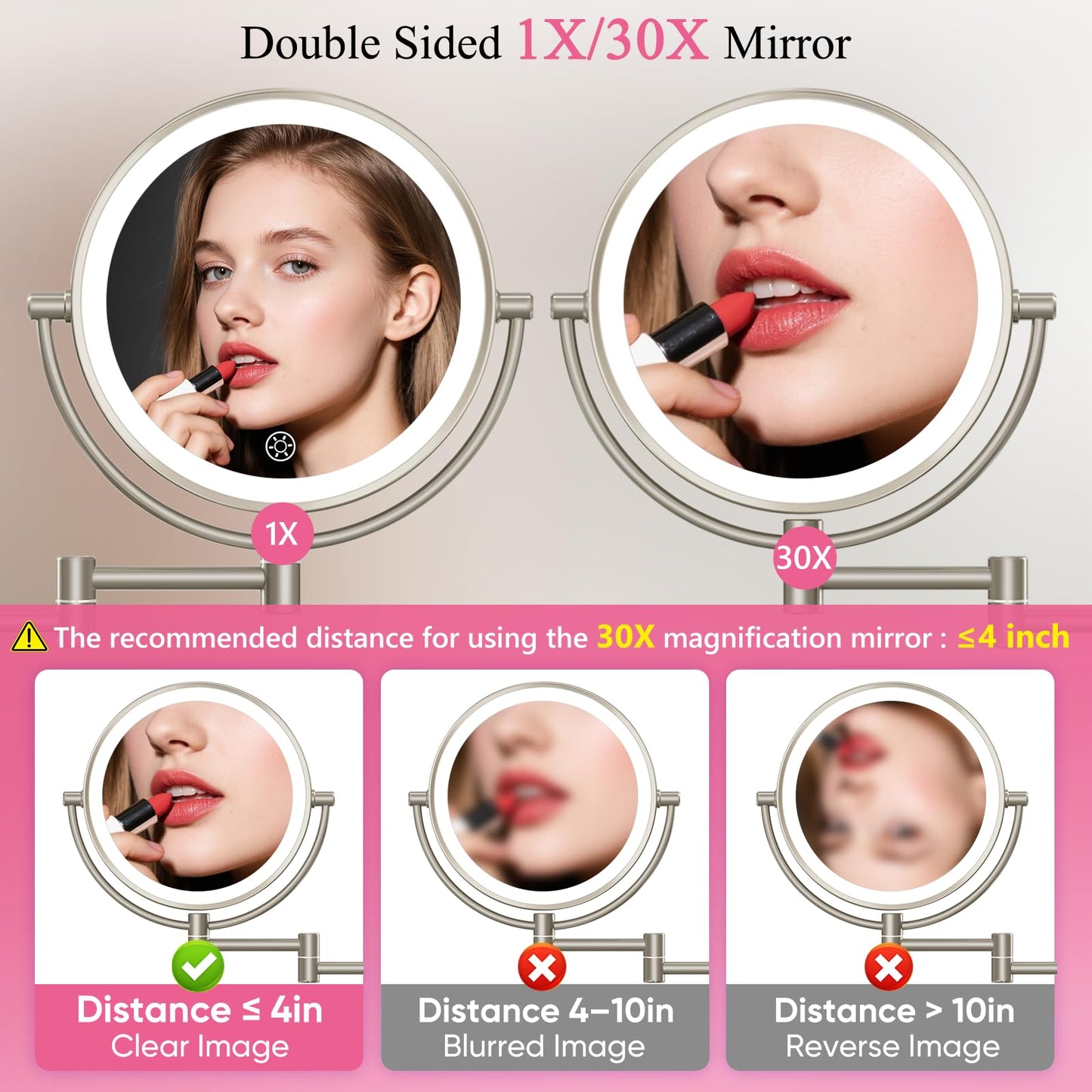 Wall Mounted Makeup Mirror with Lights, 30X/1X Double-Sided Magnifying, Plug-in Lighted Vanity Mirror with 3 Color Modes, Dimmable Brightness, 360° Swivel Extendable Arm for Bathroom & Grooming