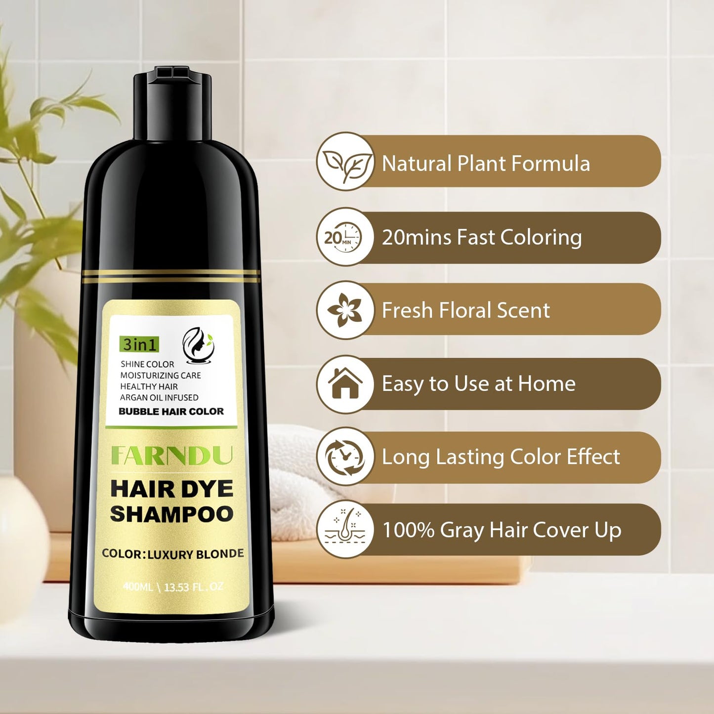 Luxury Blonde Hair Dye Shampoo for Women & Men, Gray Hair Coverage Herbal Natural 3 in 1 Hair Color Shampoo Ammonia Free and Parabens Free