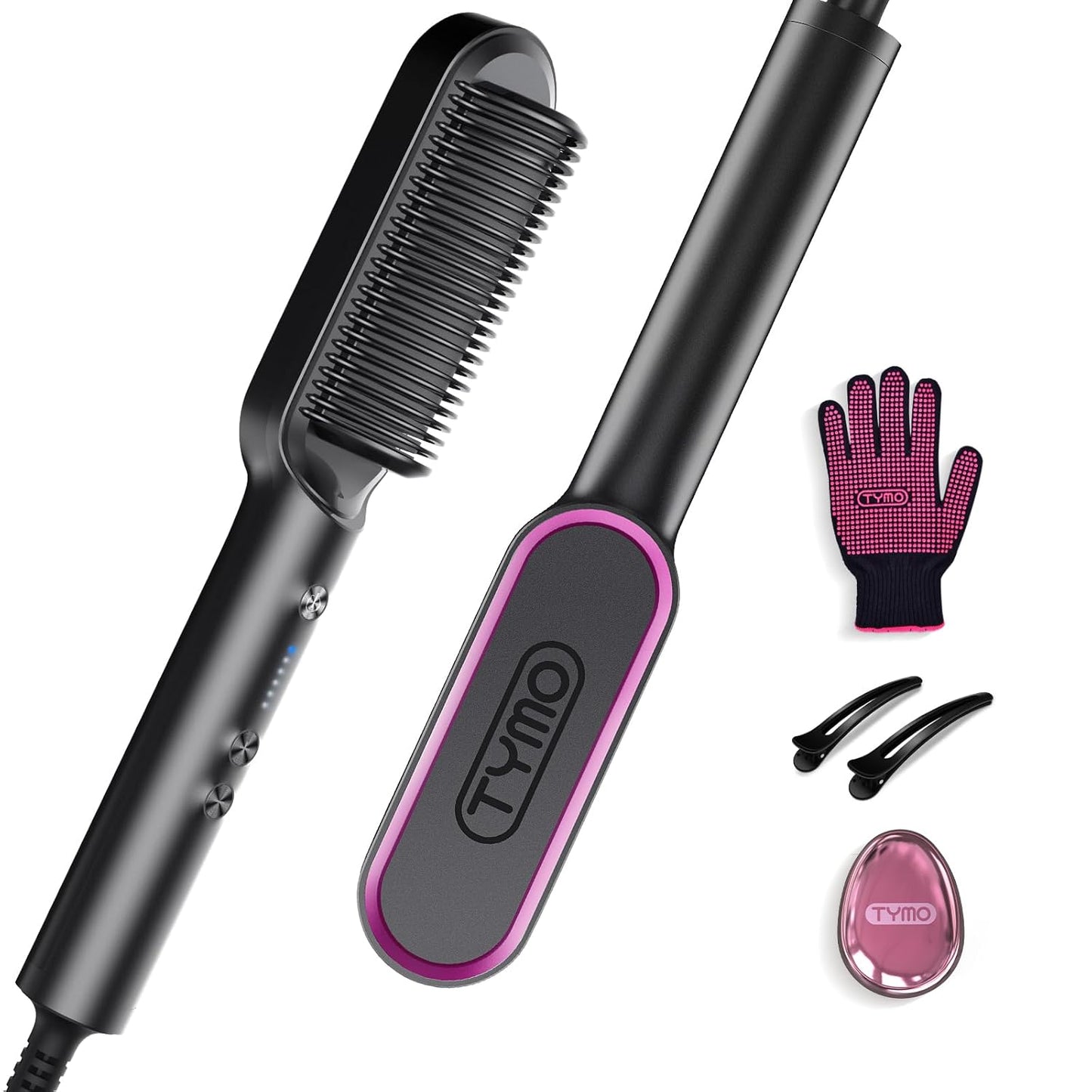 Hair Straightener Brush - TYMO Ring Comb with 5 Heat Settings | Fast Heating & Dual Voltage, Black