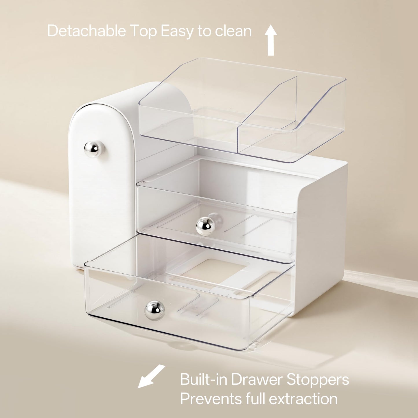 HBlife Makeup Organizer Countertop with Drawers, Vanity Organizers with Brush Holder, Bathroom Counter Organizer for Perfume, Nail Polishes, Lipsticks, Skincare and Eyeshadow Palettes, White Sliver