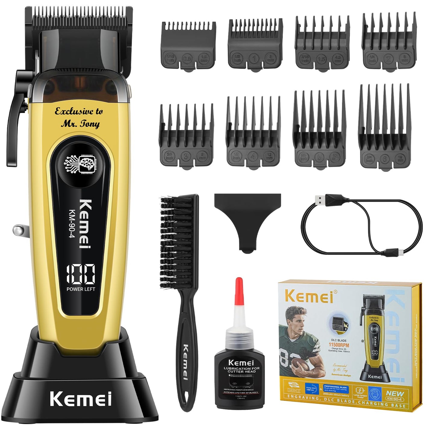 KEMEI 90-4 Professional Hair Clippers for Men, 11500 RPM Barber Clippers with LED Display, Cordless Hair Trimmer with DLC Blade & Charging Base, 2000 mAh Hair Clipper for Barbers Haircut Kit, Gold