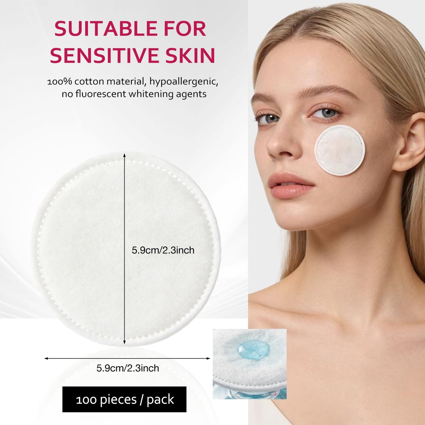 600 PCS Cotton Rounds–100 Count (Pack of 6)-Soft, Absorbent, 100% Pure Cotton Face Pads for Makeup Removal, Skincare, Skin Care and Gentle Facial Cleansing - Lint Free Stitched Pads