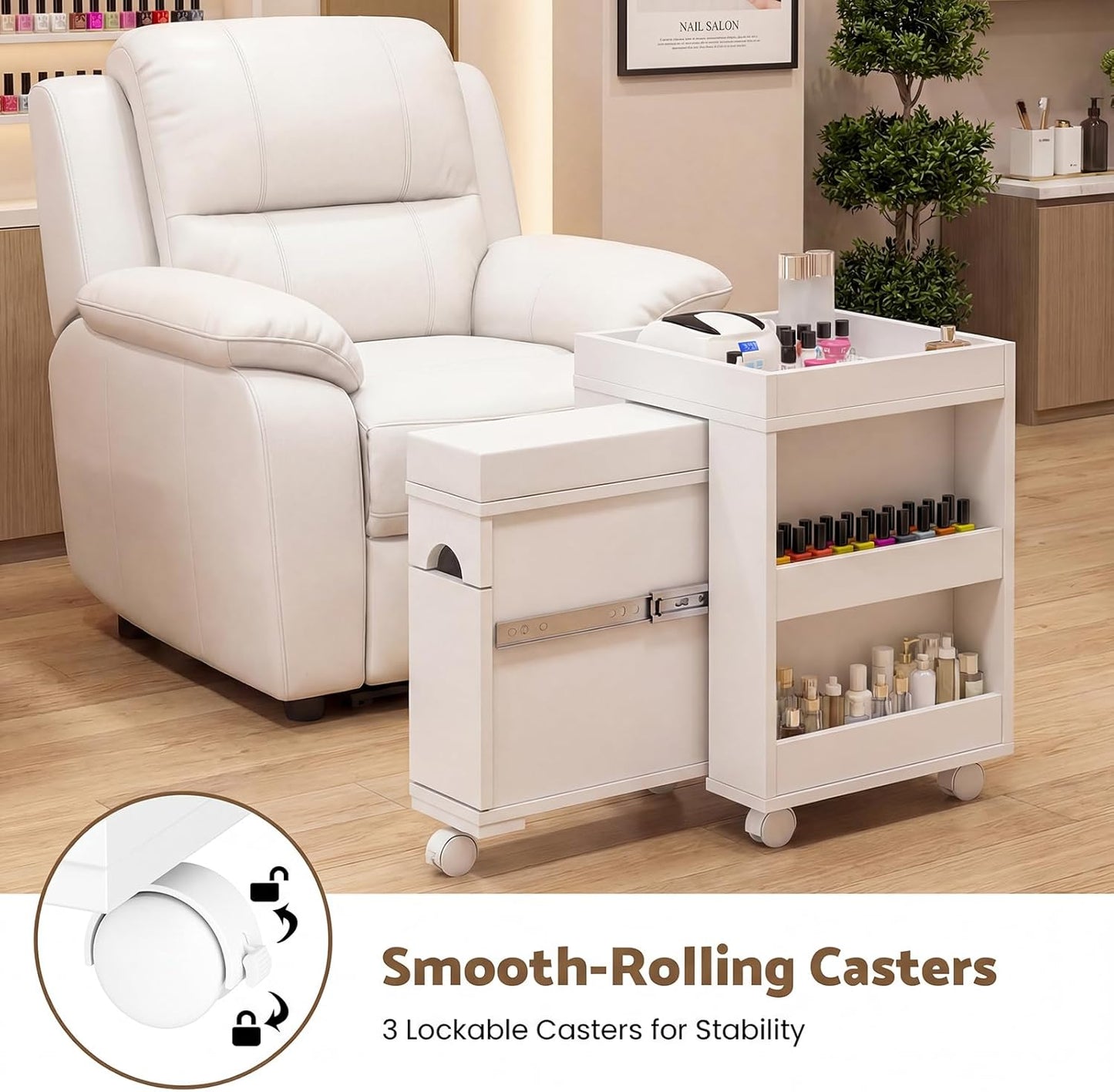 Mobile Pedicure Trolley Cart - Extendable Foot Rest, Wheels & Storage Shelves | 26.3” L for Nail Techs & Home Salons