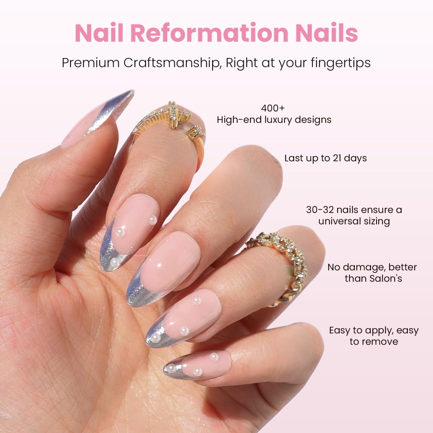 Press On Nails - Sheer Nude Medium Almond with Metallic Silver French Tip & Pearl | 15 Sizes, Reusable Stick-On Nail Kit