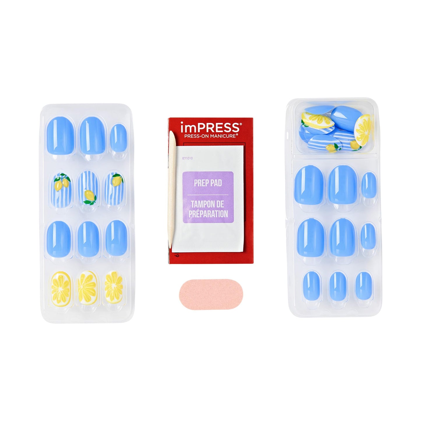Kiss Impress No Glue Mani Press On Nails, Design, 'Cherie', Blue, Medium Size, Oval Shape, Includes 30 Nails, Prep Pad, Instructions Sheet, 1 Manicure Stick, 1 Mini File