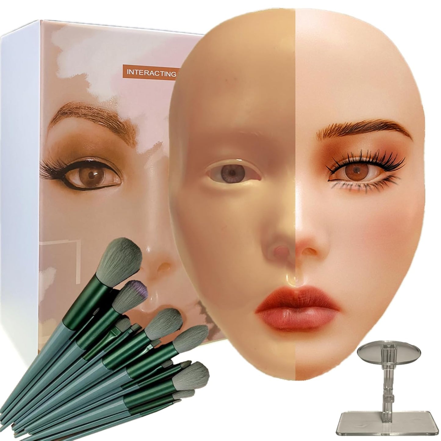 3D Makeup Practice Face - Reusable Silicone Mannequin Head with Stand & Brush Set | Ideal for Emerging Makeup Artists