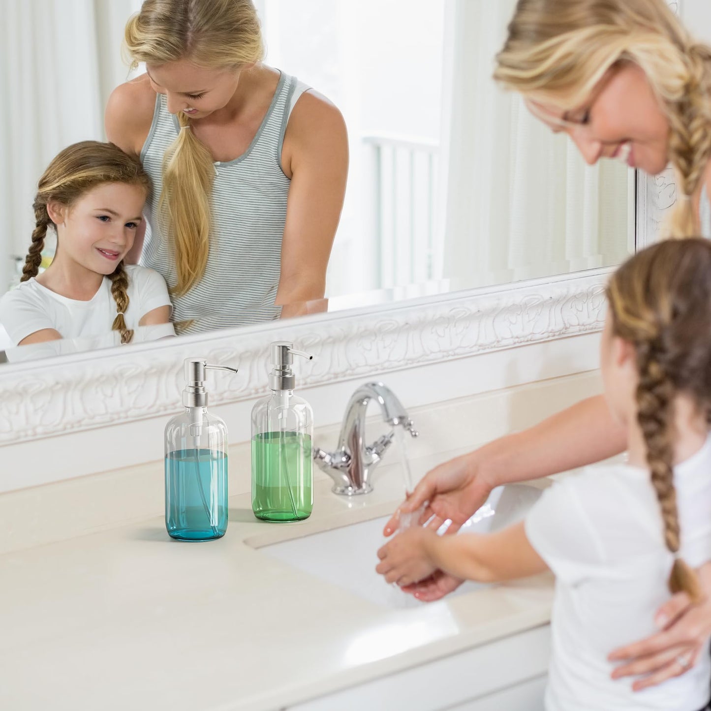 AmazerBath Soap Dispenser, 2 Pack Glass Soap Dispenser with Pump Stainless Steel, 17 Oz Hand Soap Bottles Bathroom Kitchen, Clear