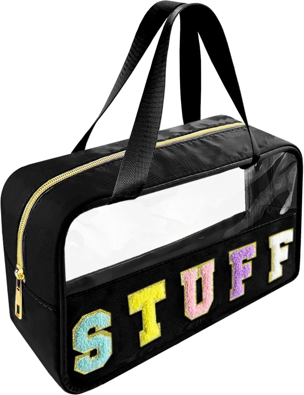 Chenille Letter Clear Makeup Bag - Waterproof Travel Toiletry Bag with Handle | Preppy Dance Patch Design (Black)