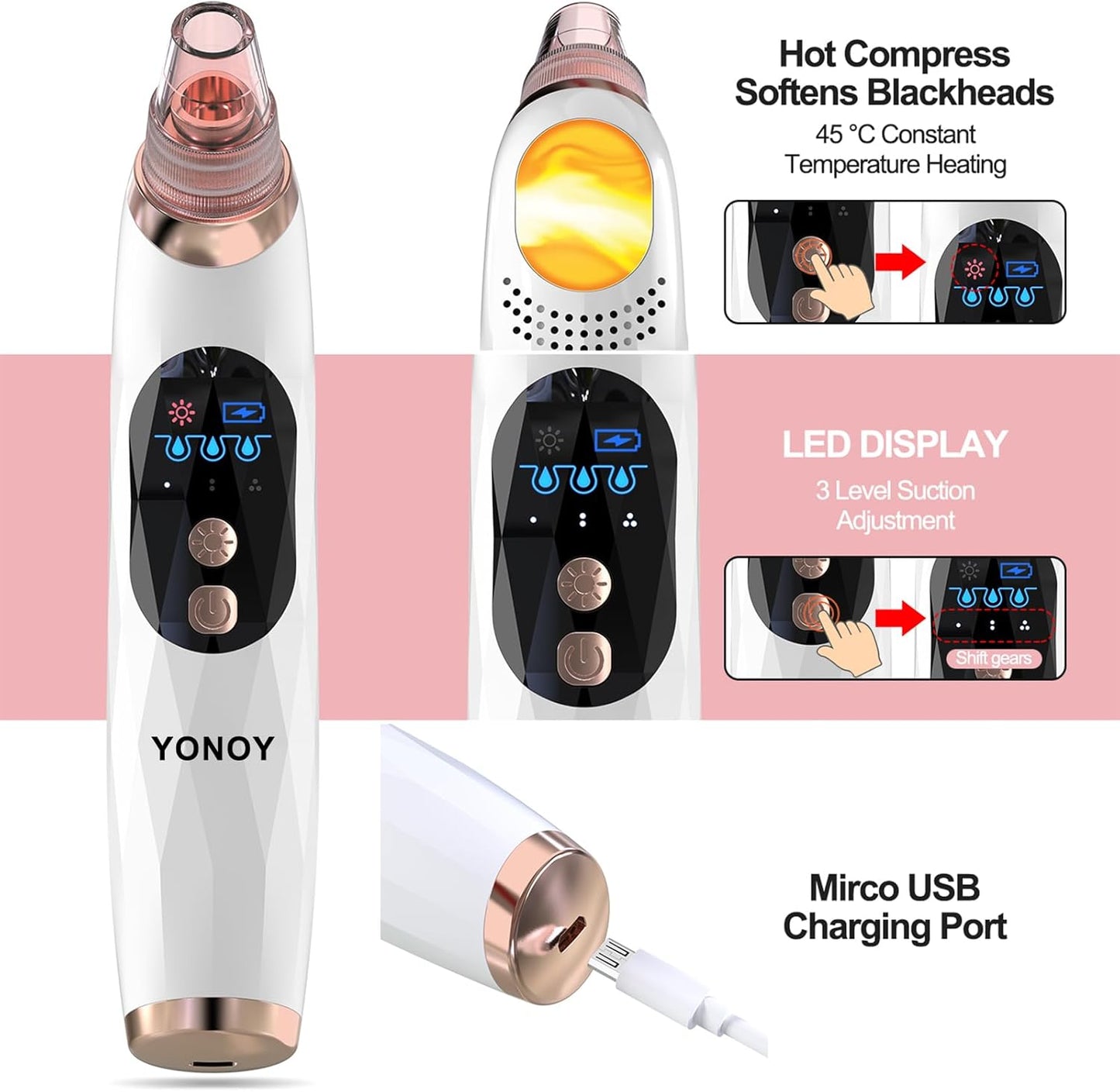 Blackhead Remover Pore Vacuum - Electric Face Cleaner with Hot Compress & 5 Suction Heads | LCD Screen