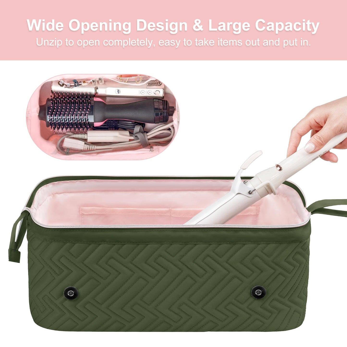 Leudes Hair Tools Travel Bag for Women Heat Resistant Mat for Travel Essentials Hot Tools Straighteners,Flat Irons,Curling Iron,Hot Air Brushes and Hair Dryer Organizer Bags 2 in 1 (Army GreenA)