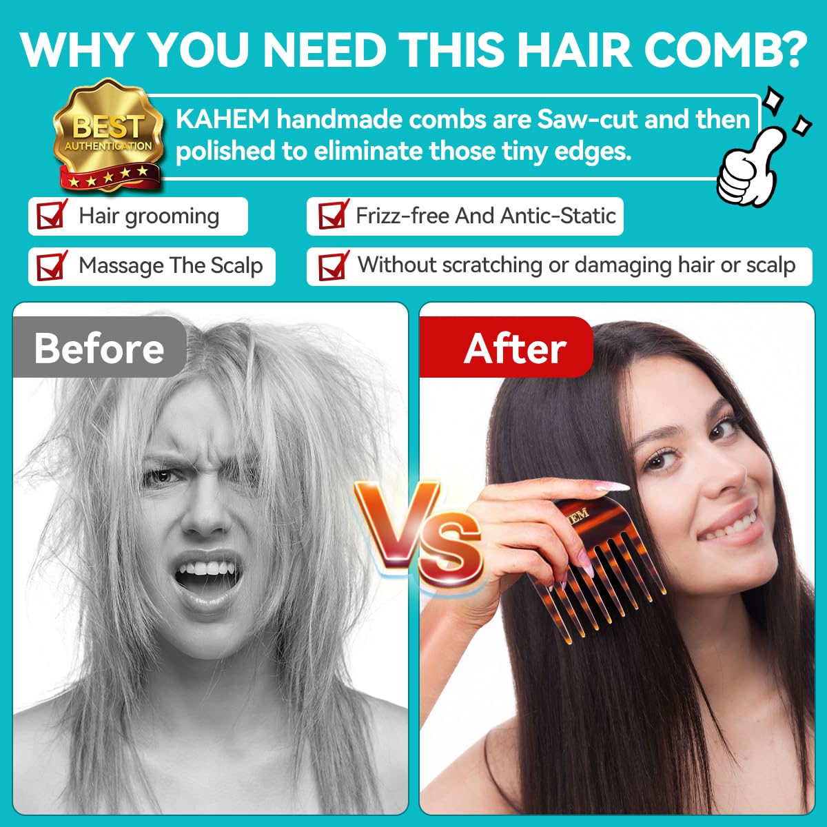 Handmade Wide Tooth Comb for Curly Hair - Daily Detangler for Long & Short Hair | Pocket Size, 3.14 Inch