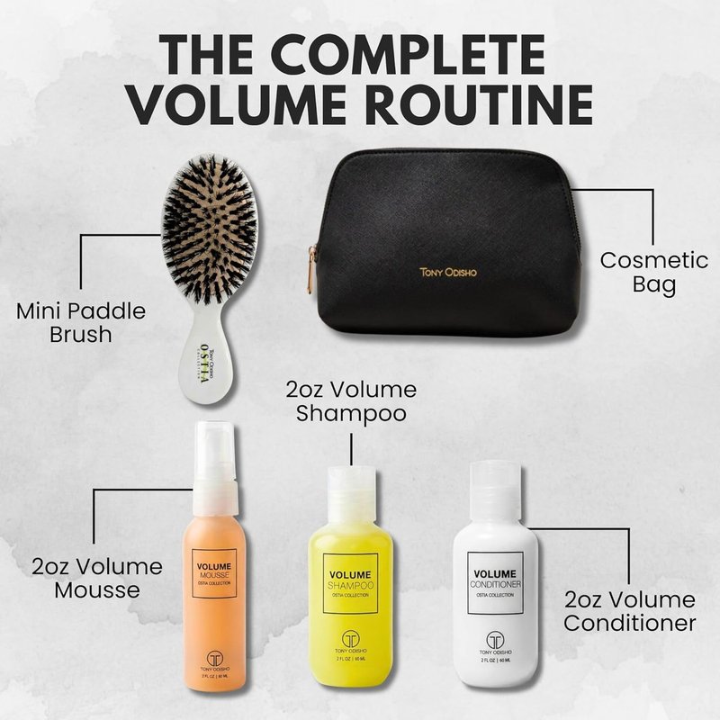 Volumizing Hair Care Kit - Mini Shampoo, Conditioner & Mousse for Fine Hair | Sulfate-Free Travel Set with Brush & Cosmetic Bag - 5 Pieces