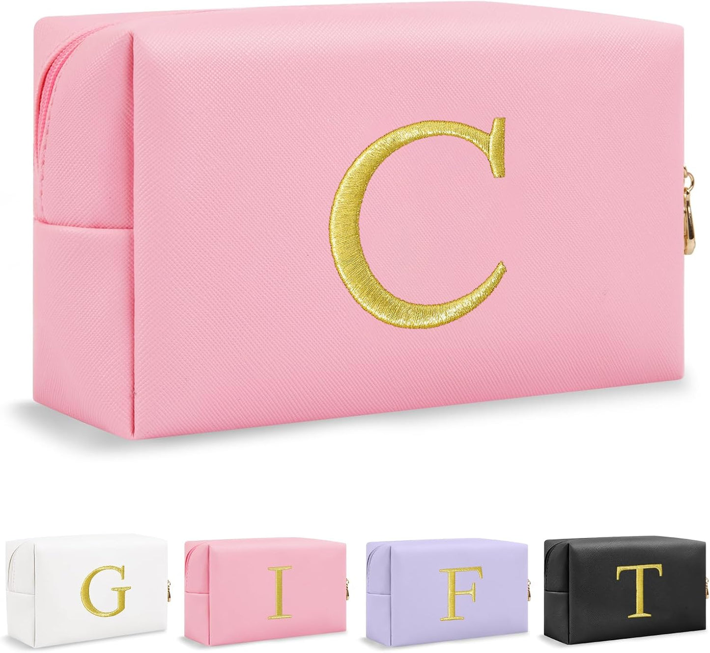 Personalized Initial Makeup Bag - Gold Embroidered Cosmetic Bag for Teens | Custom Travel Toiletry Bag (Black)