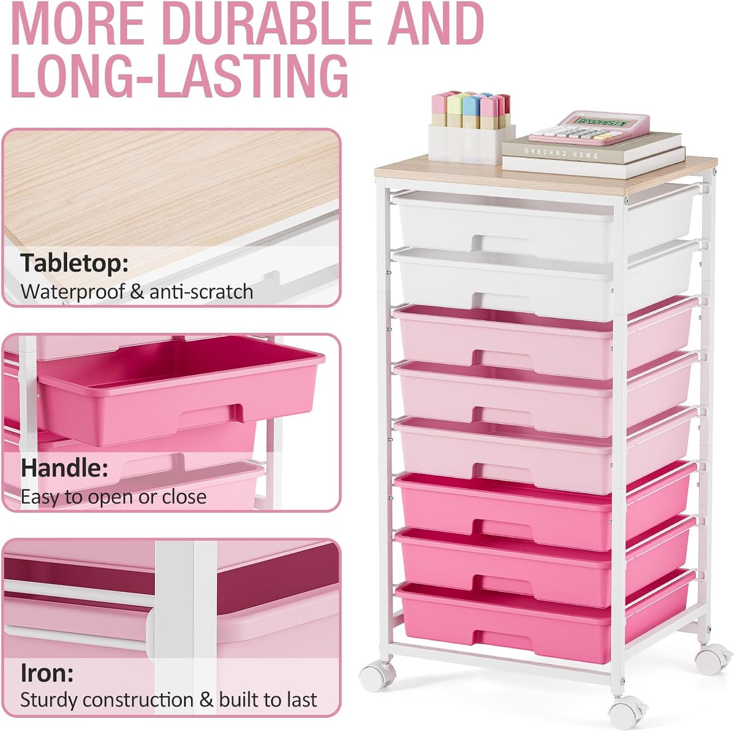 Rolling Cart with Drawers - Pink Storage Cart with 8 Plastic Drawers & Wooden Tabletop | Ideal for Crafts & Teachers