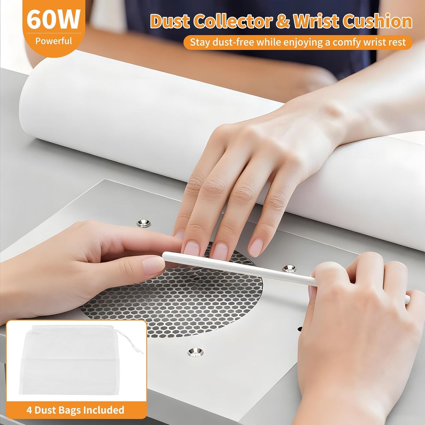 L-Shaped Manicure Table with Dust Collector - LED Light & Storage Cabinets | Home Spa Nail Desk in White