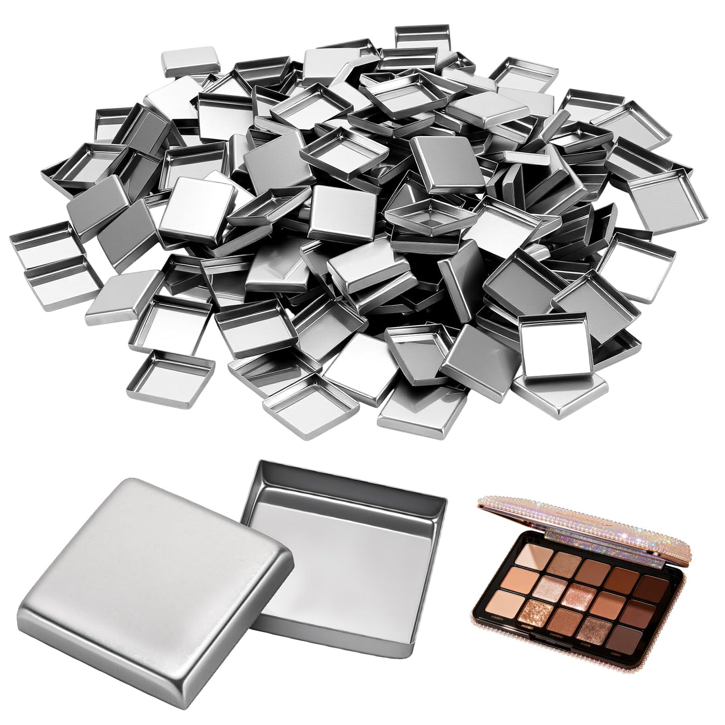 MUKLEI 200 PCS Empty Eyeshadow Pans, 1 Inch Square Metal Pans for Eyeshadow, Small Magnetic Makeup Pans for DIY Makeup Organizer Palette, Silver