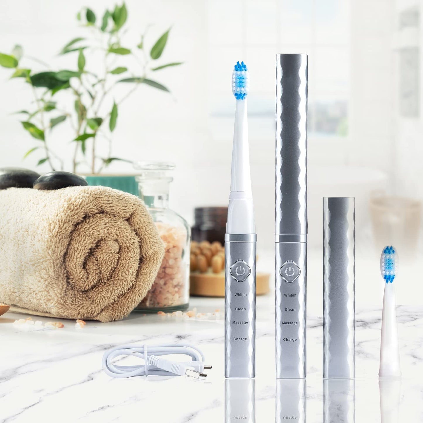 Pop Sonic USB Charge Anywhere Toothbrush(Silver) | Rechargeable Toothbrush w/Up to 40,000 Brush Strokes/Minute-Long-Lasting Dupont Nylon Bristles -Teens & Adult with Quadrant Pacer & Timer