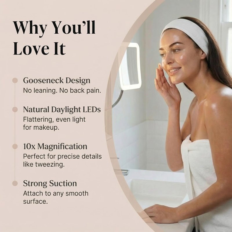 Fancii 10X LED Lighted Travel Makeup Mirror - Flexible Gooseneck, Cordless & Suction Lock