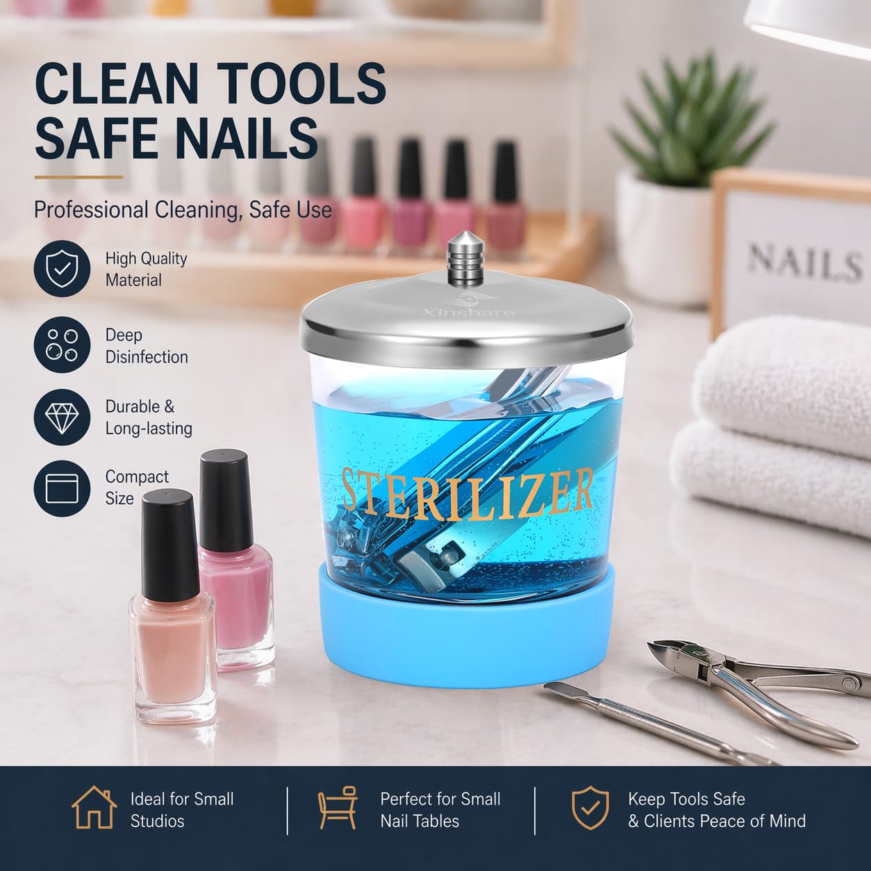 Xinshare Nail Tool Disinfectant Jar, 5Oz Glass Durable Manicure Pedicure Implements Sterilizer Container,Salon Storage & Organizer for Nail Art Tools Beauty Centers Equipment Cleaning, Blue