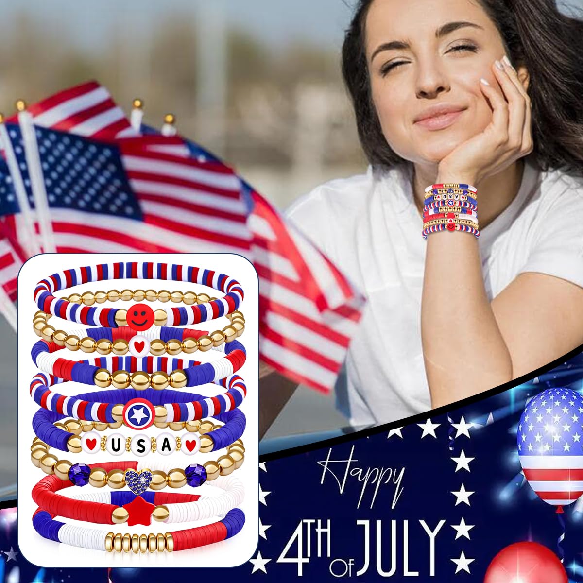 lakayfimily 250 Anniversary USA Merchandise 4th of July Outfits for Women Men Teens Red White Blue Clay Beaded Stretch Bracelets USA Patriotic Jewelry 4th of July Accessories
