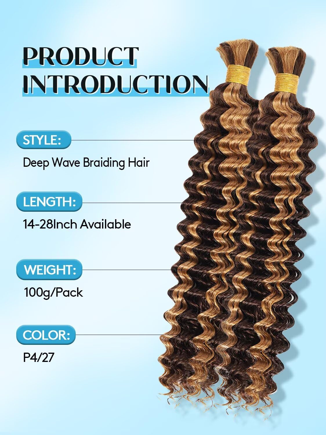 100% Unprocessed Human Hair for Braiding, #4/27 Brown with Honey Blonde Highlights Pre-Separated Curly Bulk Hair, 12A Grade Deep Boho Braiding Hair Extensions, Real Human Hair,26 Inch 100g 2 Bundles