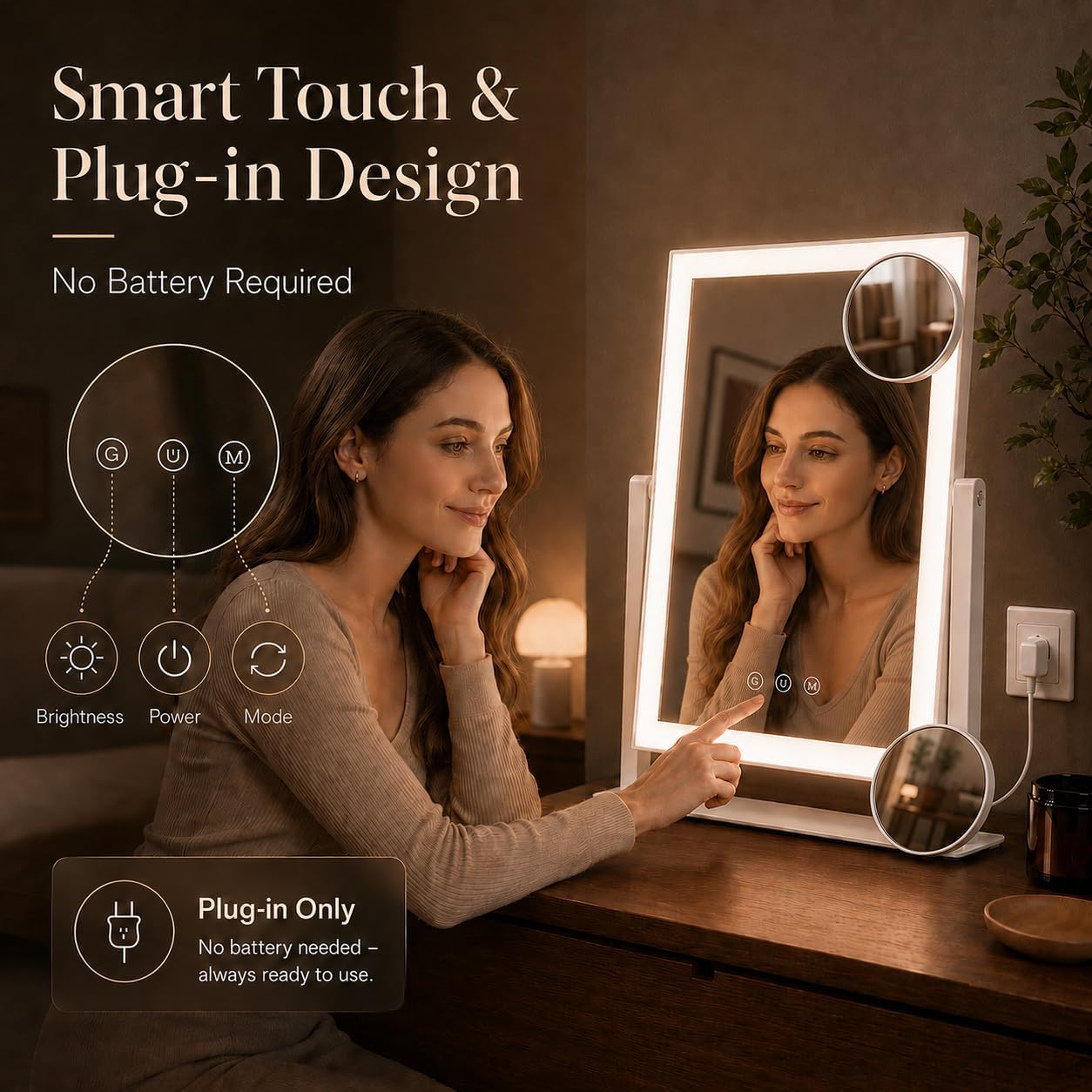 LED Vanity Makeup Mirror - 17.3 Inch with Dimmable Touch Control, 10X/5X Magnifiers & 3 Color Modes | 360° Rotation