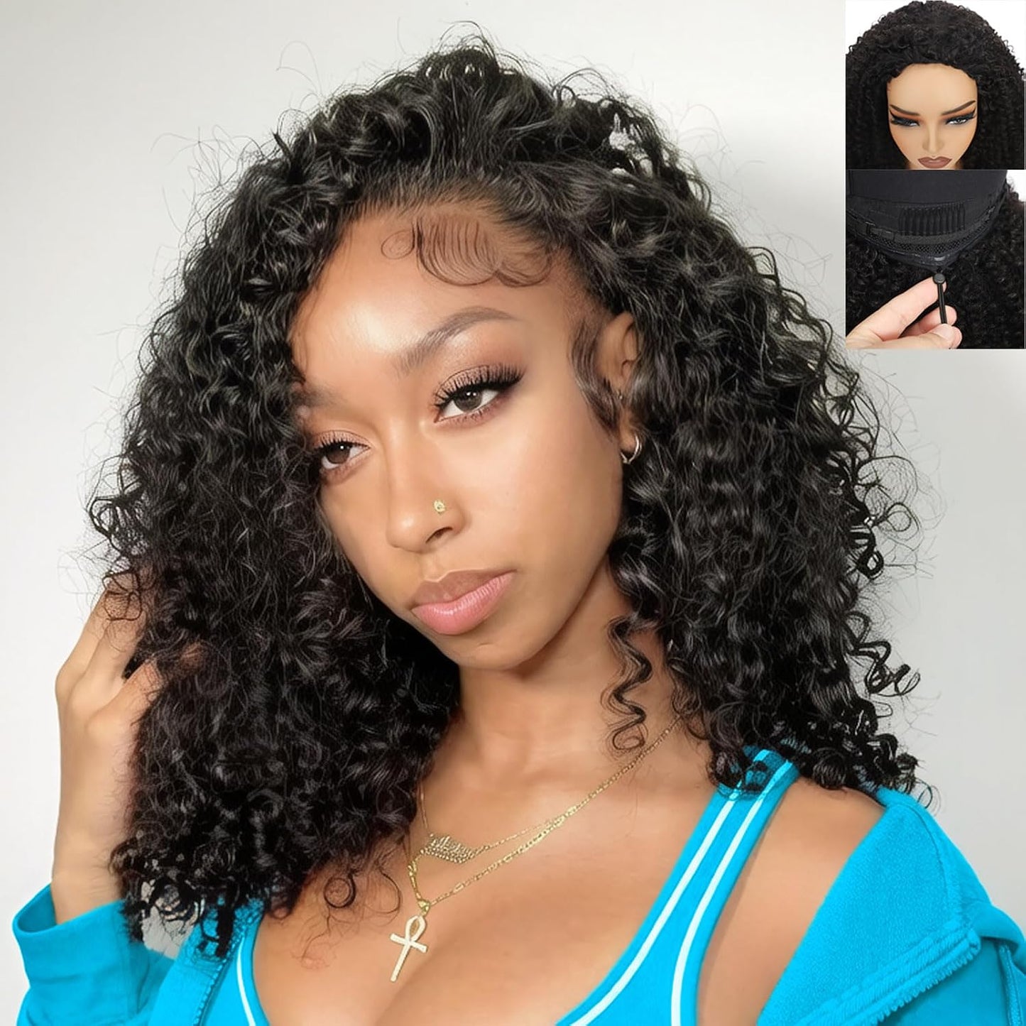 Kinky Curly Half Wig - 18 Inch 200 Density Human Hair Blend | Glueless Headband Wig in Natural Black for Easy Styling