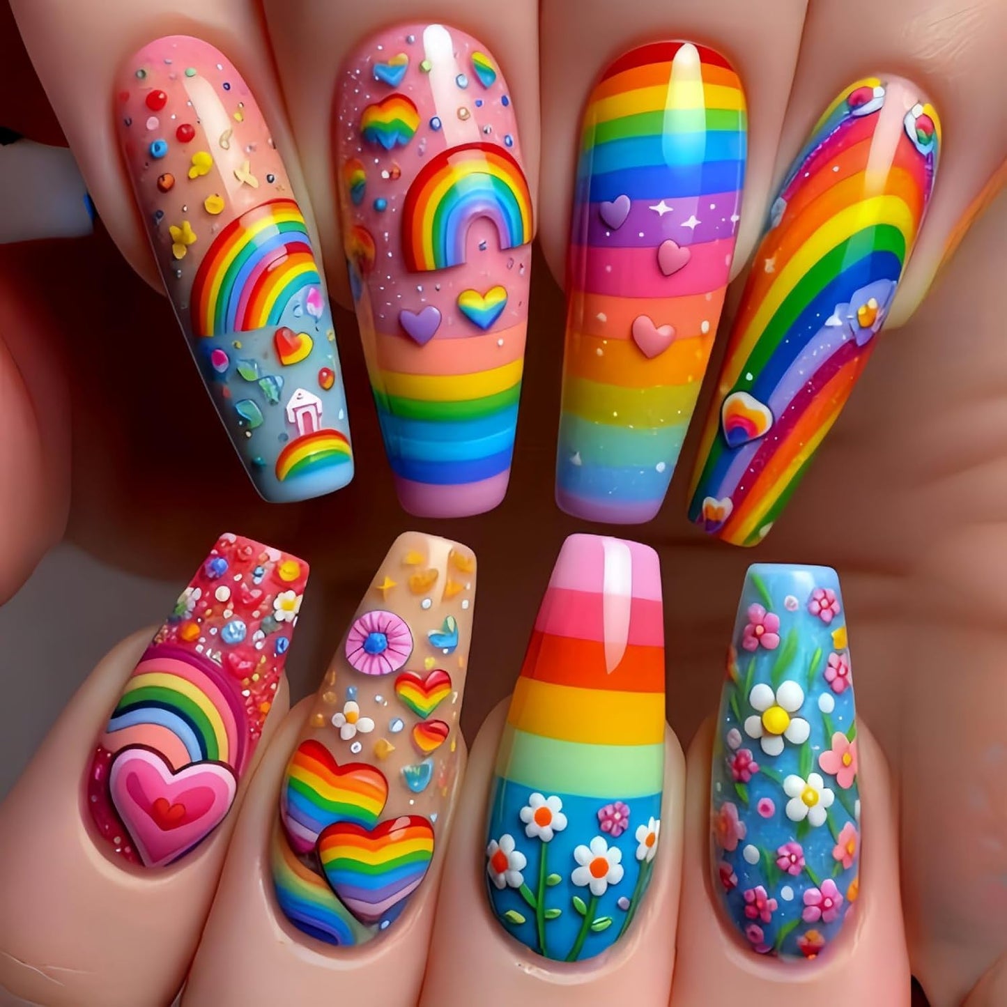 Colorful Press On Nails - Long Coffin Fake Nails with Rainbow Heart & Flower Design | Reusable Glossy Acrylic Nails for Women