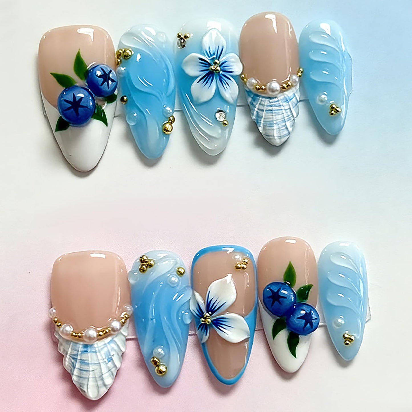 3D Lemon Blueberry Press-On Nails - Almond Shape Glossy Fruit Design | 30Pcs Handmade Acrylic Nail Art Tips for Summer