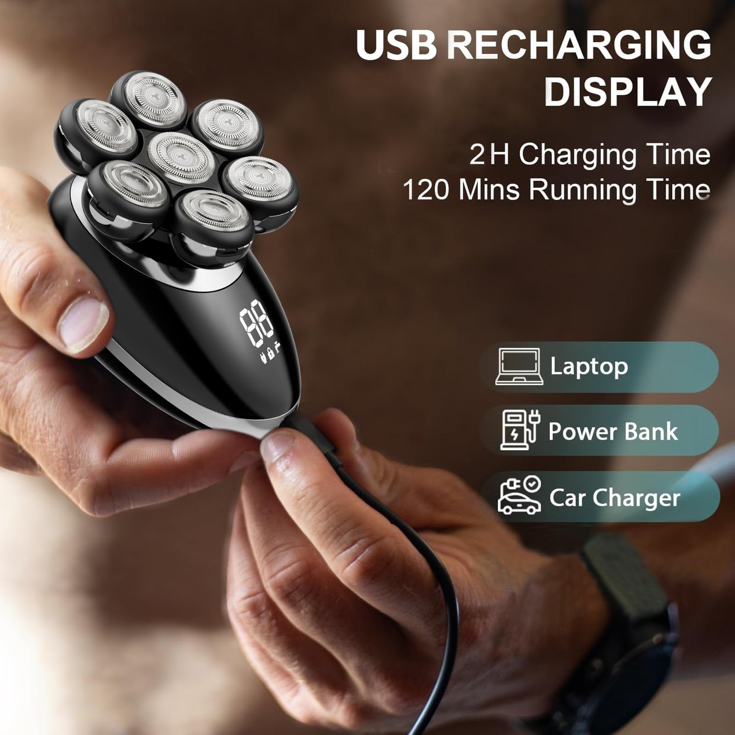 Head Shaver for Bald Men, 7D Electric Rechargeable Wet/Dry Shaving Razor with LED Display, 5-in-1 Grooming Kit Waterproof Bald Head Trimmer, Ideal Gift for Men (Black)